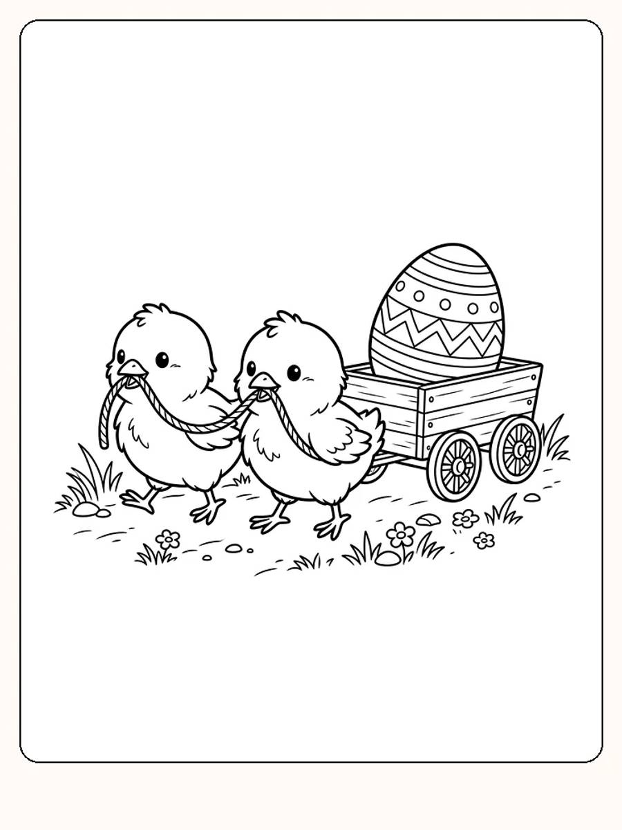 Deux poussins tirent une petite charrette en bois avec un grand œuf de Pâques décoré, sur un chemin bordé d'herbe, de pierres et de fleurs