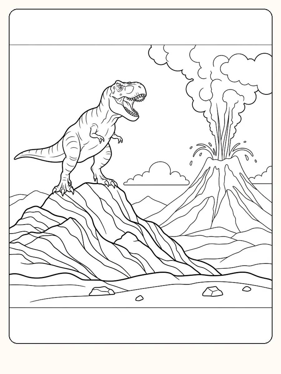 Fargelegging av en T-Rex som står på en stein med en eruptiv vulkan i bakgrunnen