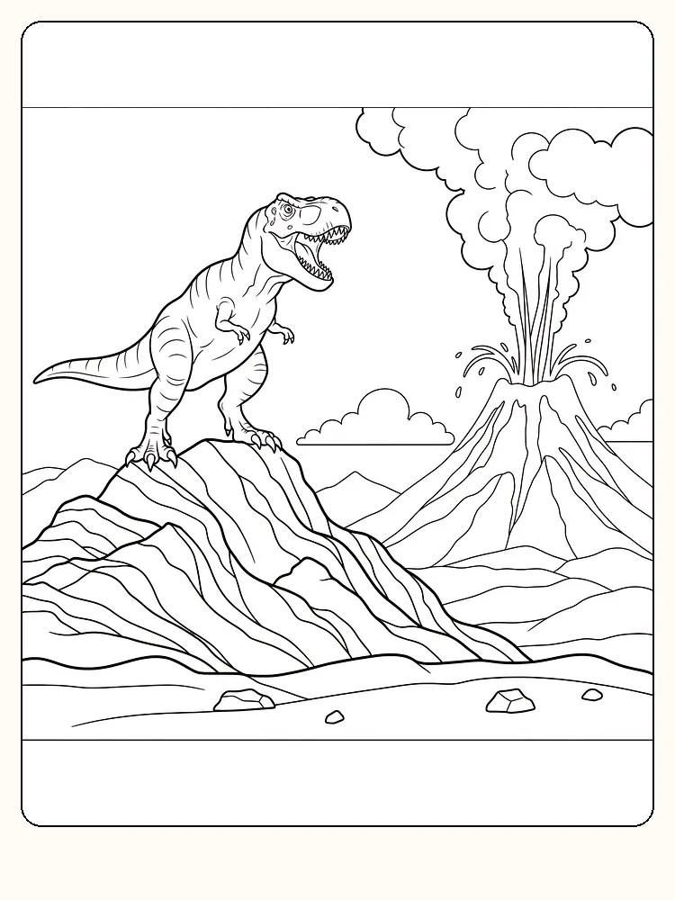 Fargelegging av en T-Rex som står på en stein med en eruptiv vulkan i bakgrunnen