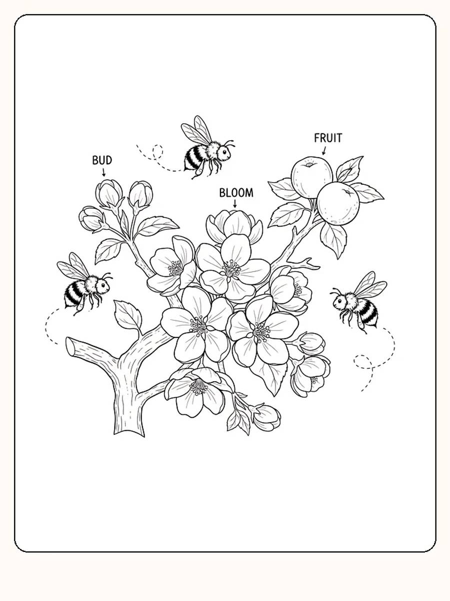 Tegning til farvelægning af bier, der flyver rundt om en blomstrende trægren med knopper, blomster og frugt