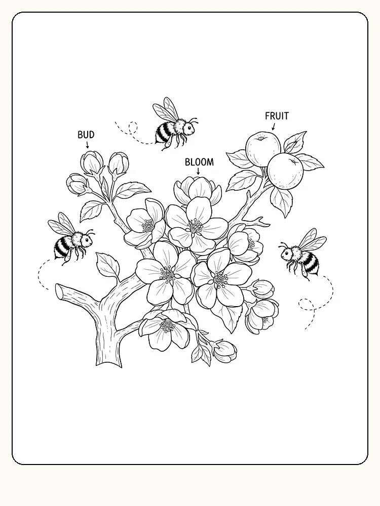 Tegning til farvelægning af bier, der flyver rundt om en blomstrende trægren med knopper, blomster og frugt