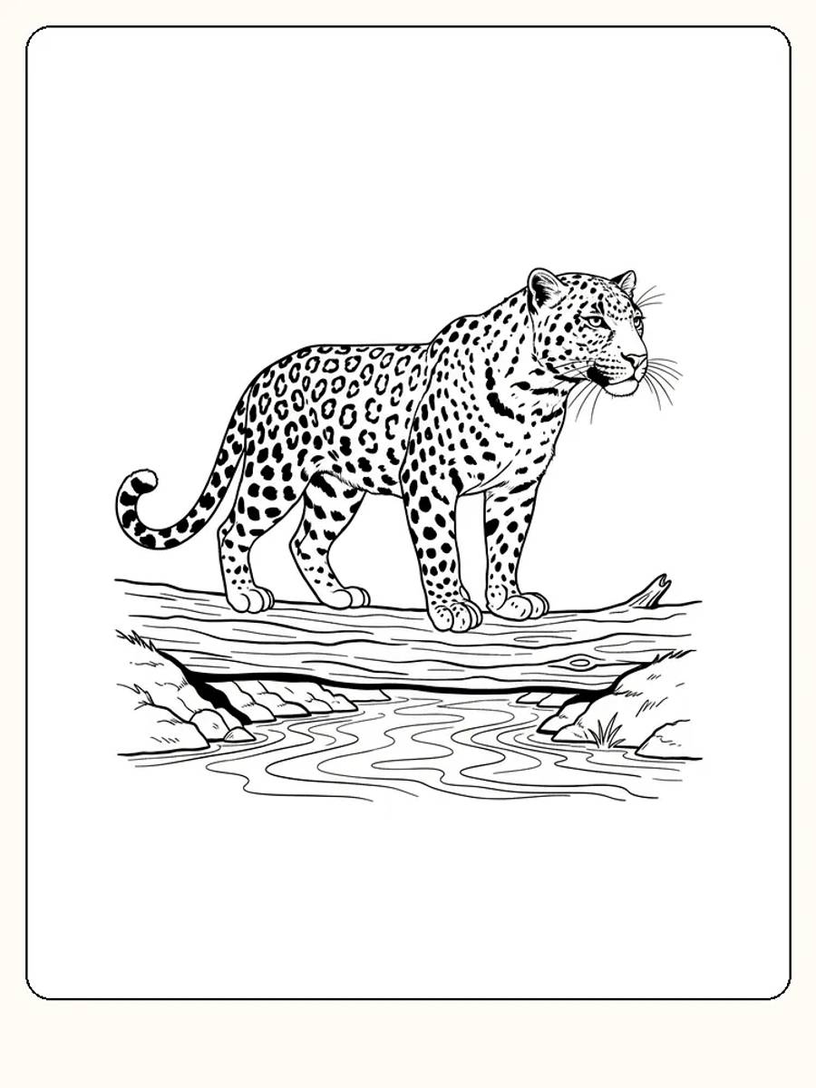 Fargeleggingsbilde av leopard som står på en trestokk over en liten bekk. Perfekt for dyreelskere.