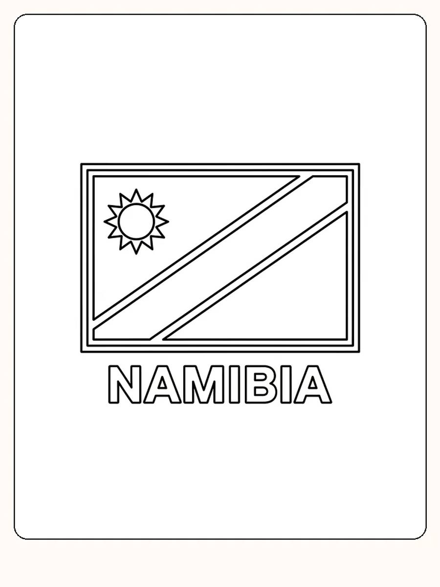 Namibias Flagge mit bunten Streifen und Sonnenmotiv, bereit zum Ausmalen.