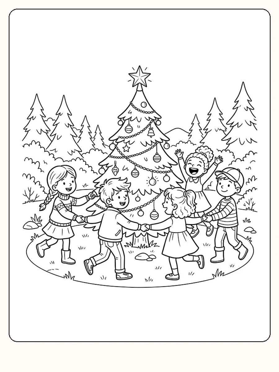 Fem barn holder hverandre i hendene og danser i ring rundt et høyt juletre med stjerne, kuler og girlandere foran granskog