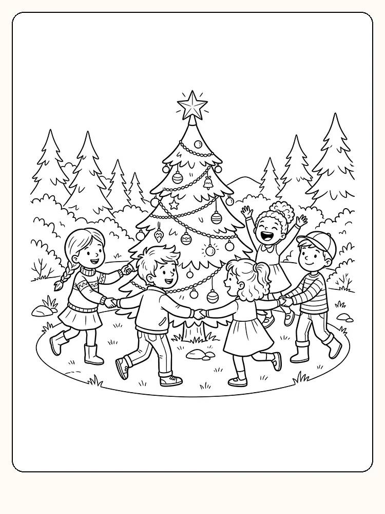 Fem barn holder hverandre i hendene og danser i ring rundt et høyt juletre med stjerne, kuler og girlandere foran granskog