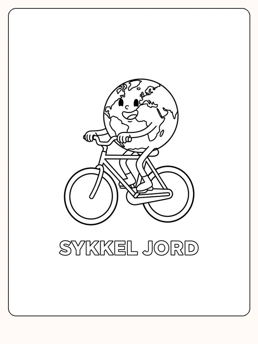 Farvelægning af jordklodefigur på cykel med teksten 'Cykel Jord', klar til print