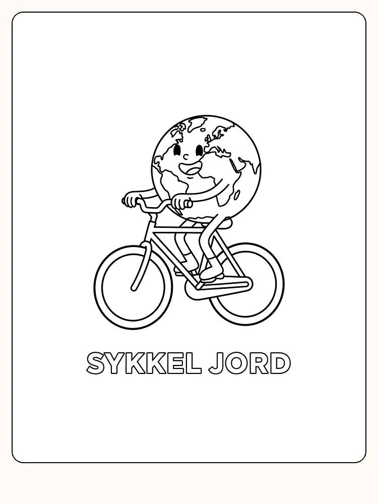 Farvelægning af jordklodefigur på cykel med teksten 'Cykel Jord', klar til print