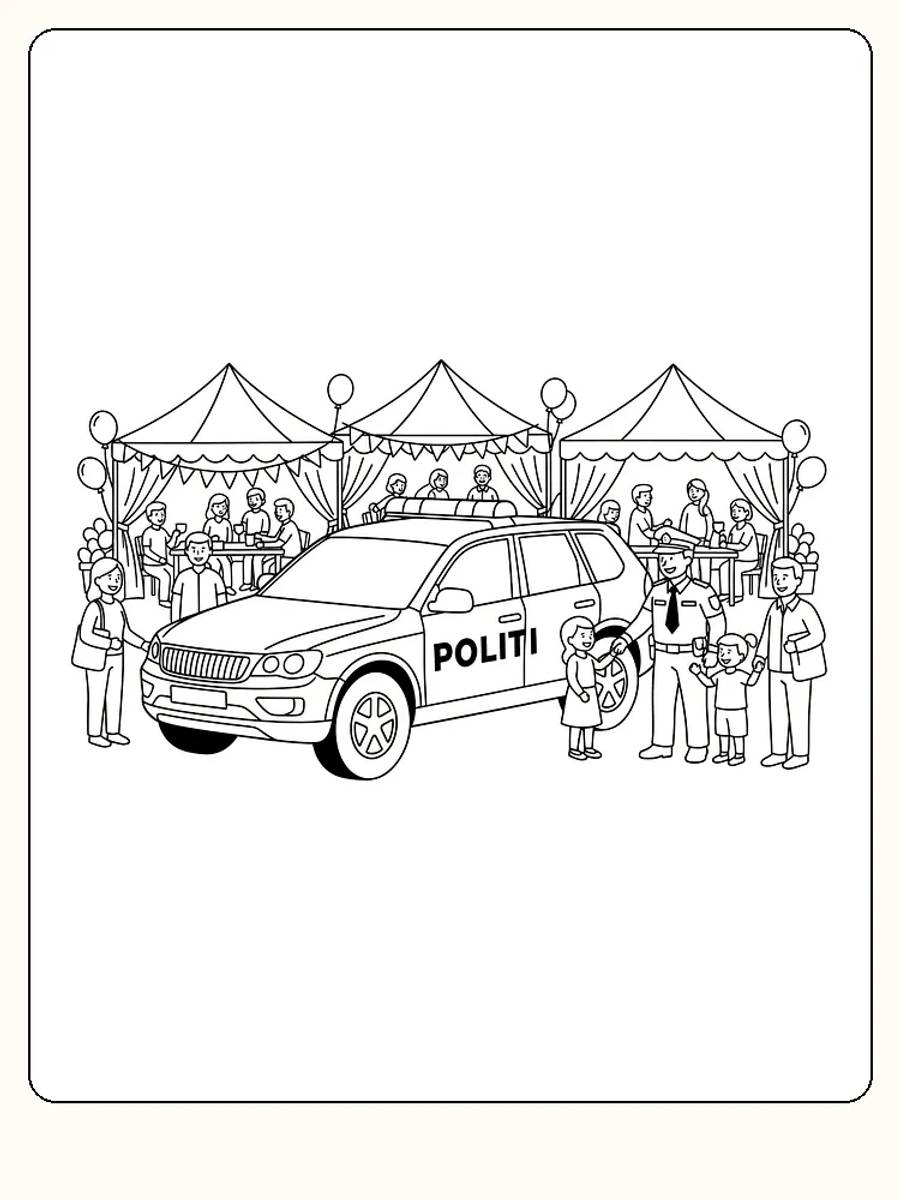 Fargeleggingstegning av politibil med barn og familier på festival, klar for utskrift