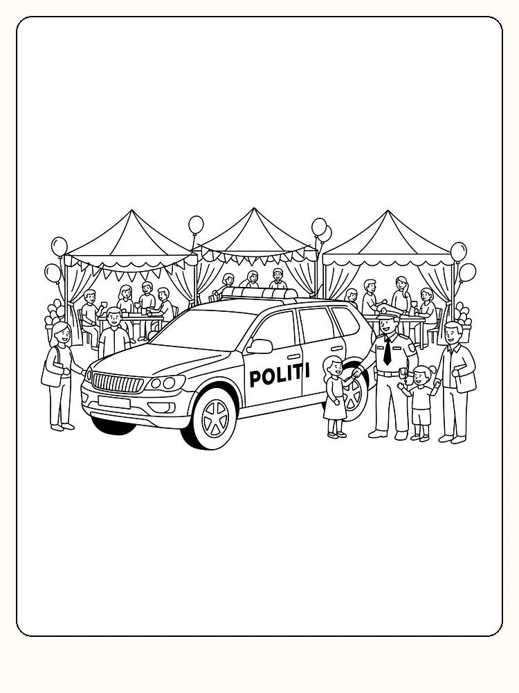 Fargeleggingstegning av politibil med barn og familier på festival, klar for utskrift