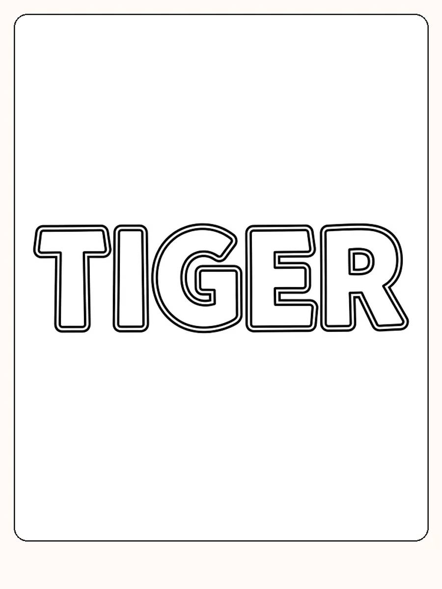 Farvelægning af ordet TIGER med store blokbogstaver, klar til print