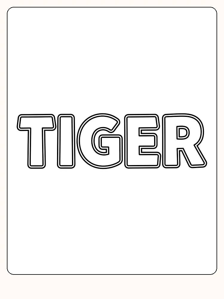 Farvelægning af ordet TIGER med store blokbogstaver, klar til print
