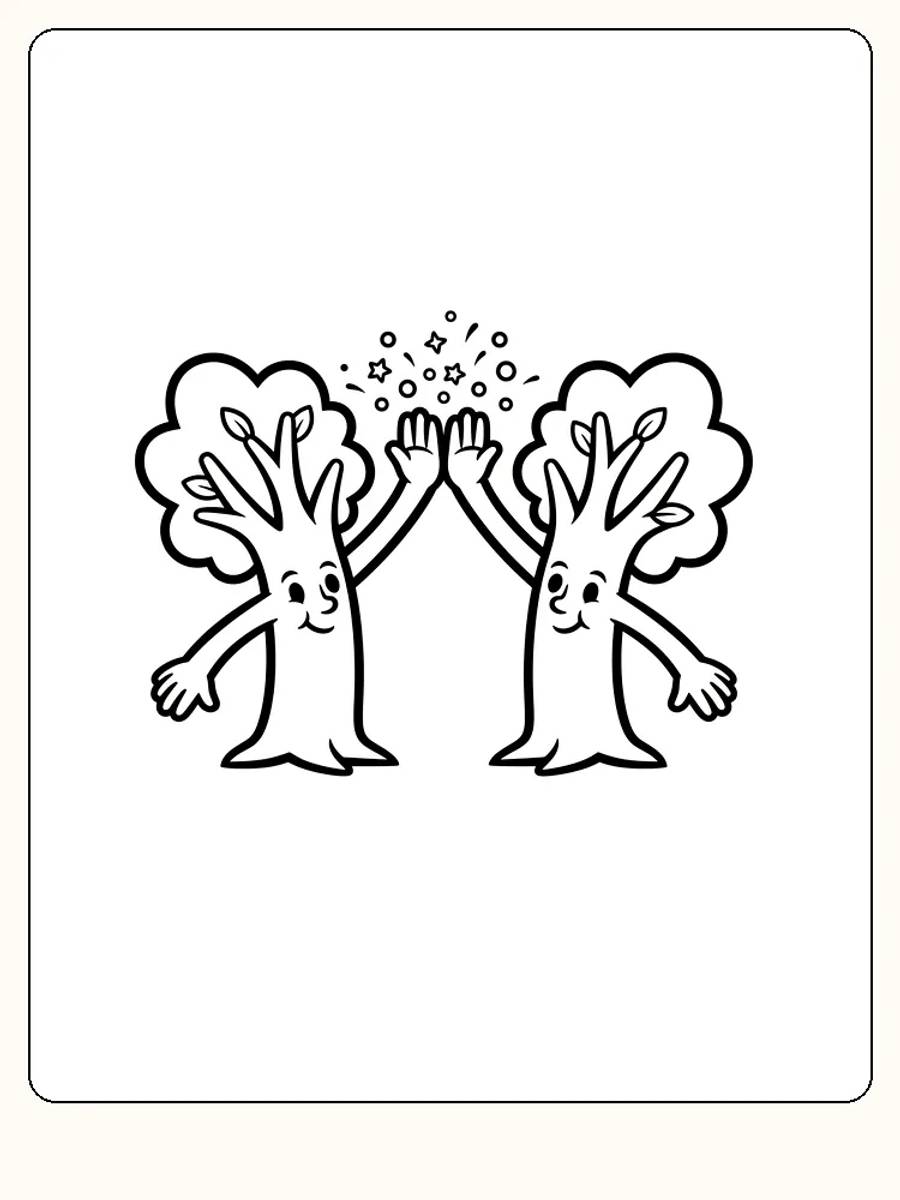 To smilende trær som gir high five med stjerner rundt, klar for utskrift