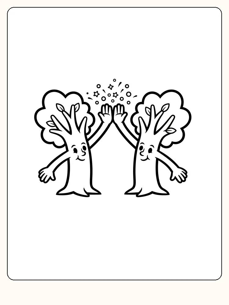 To smilende trær som gir high five med stjerner rundt, klar for utskrift