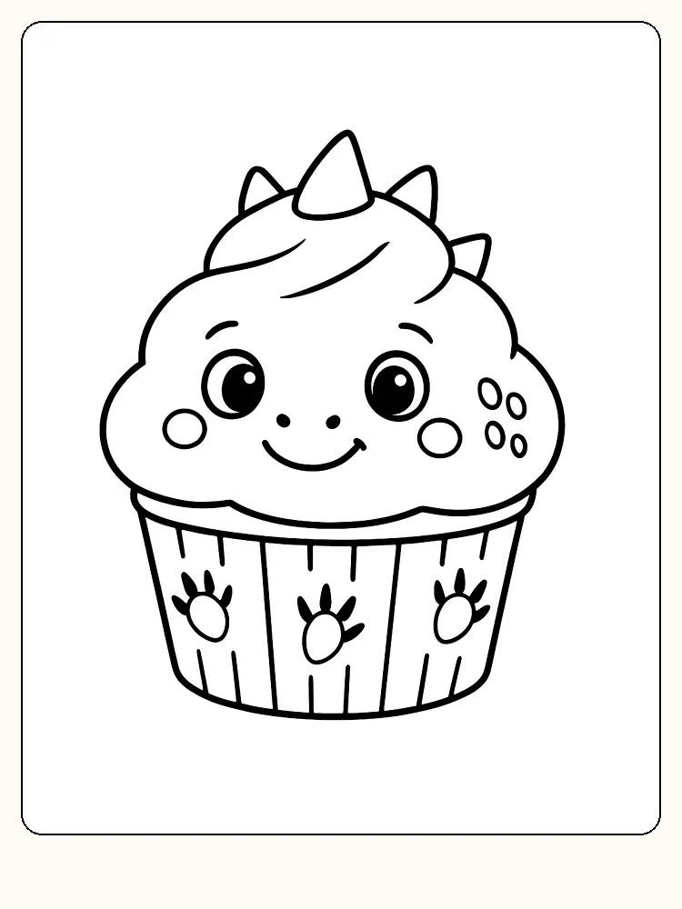Fargeleggingsbilde av en søt dinosaur-muffins med smilende ansikt og små horn, klart for utskrift