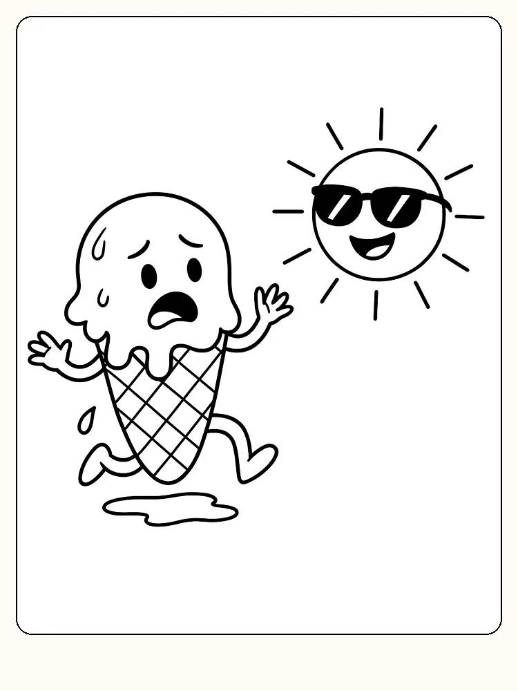Fargeleggingsbilde av en smeltende iskrem på solrik dag, klar for utskrift