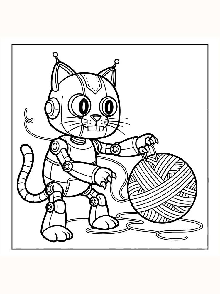 Tegning til farvelægning af en robotkat, der leger med et garnnøgle