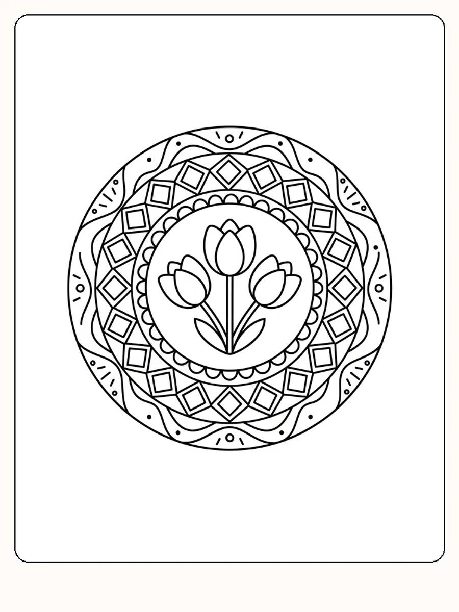Ausmalbild einer Mandala mit Tulpen in der Mitte, bereit zum Ausdrucken.