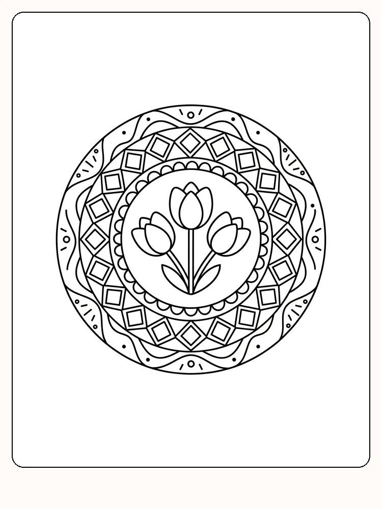 Ausmalbild einer Mandala mit Tulpen in der Mitte, bereit zum Ausdrucken.