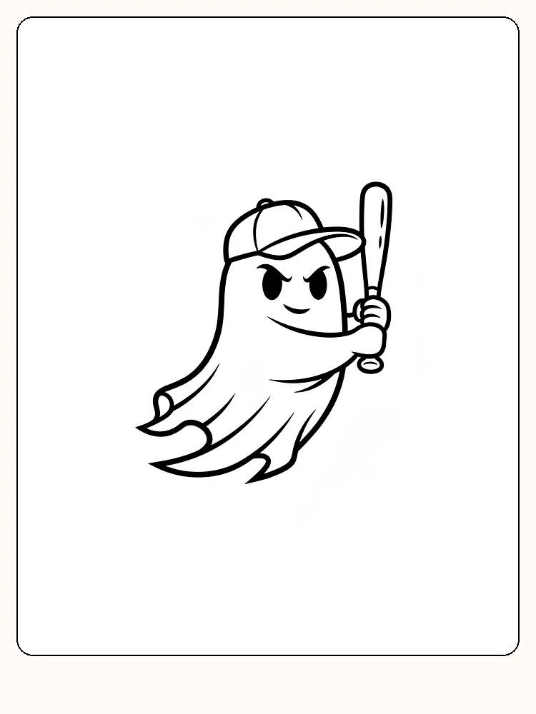Tegning til farvelægning af et spøgelse med kasket og baseballbat, klar til print