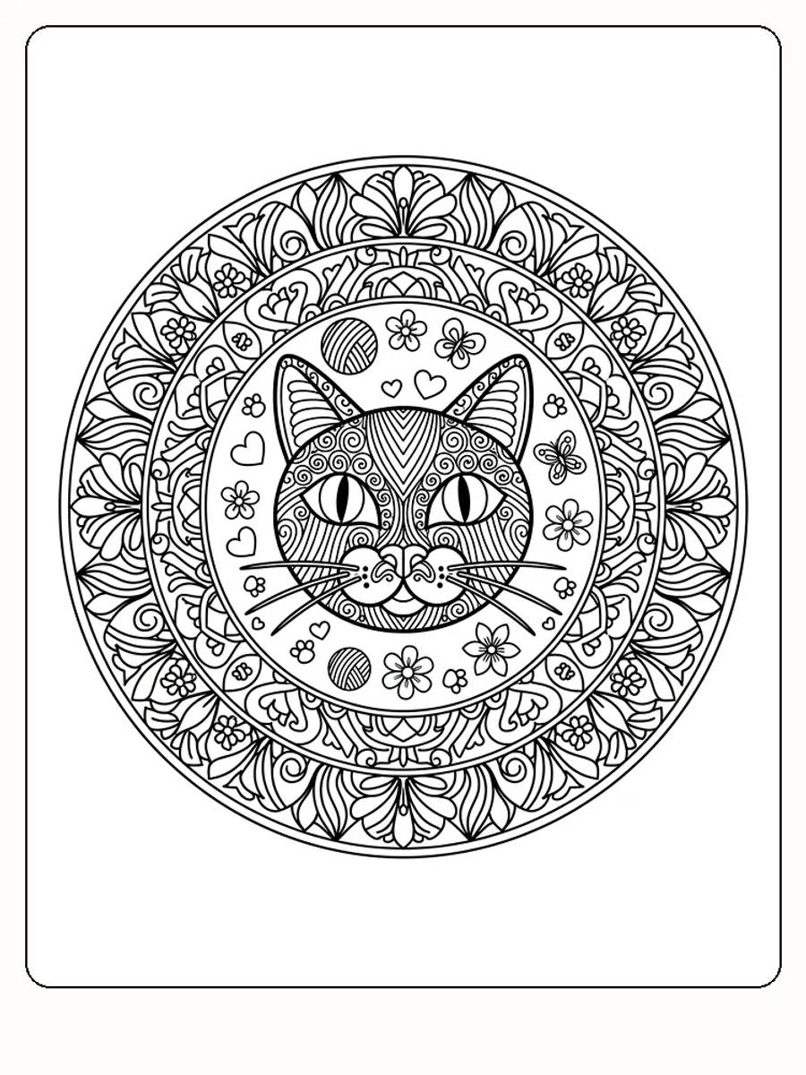 Fargeleggingstegning av en katt i en dekorativ mandala med detaljerte mønstre