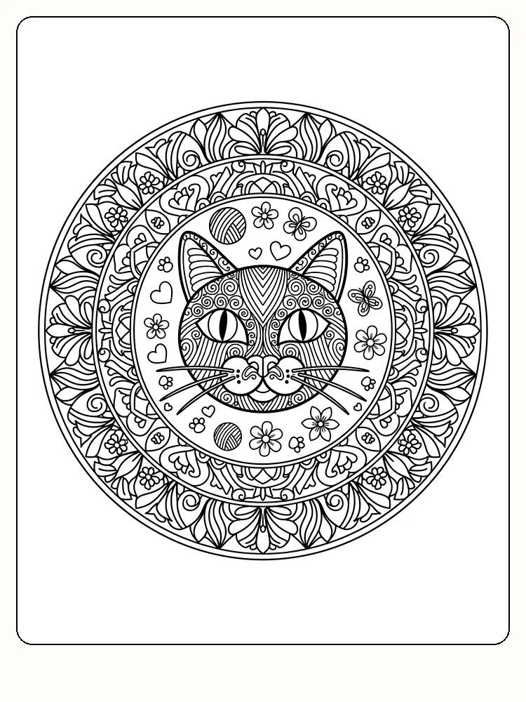Fargeleggingstegning av en katt i en dekorativ mandala med detaljerte mønstre