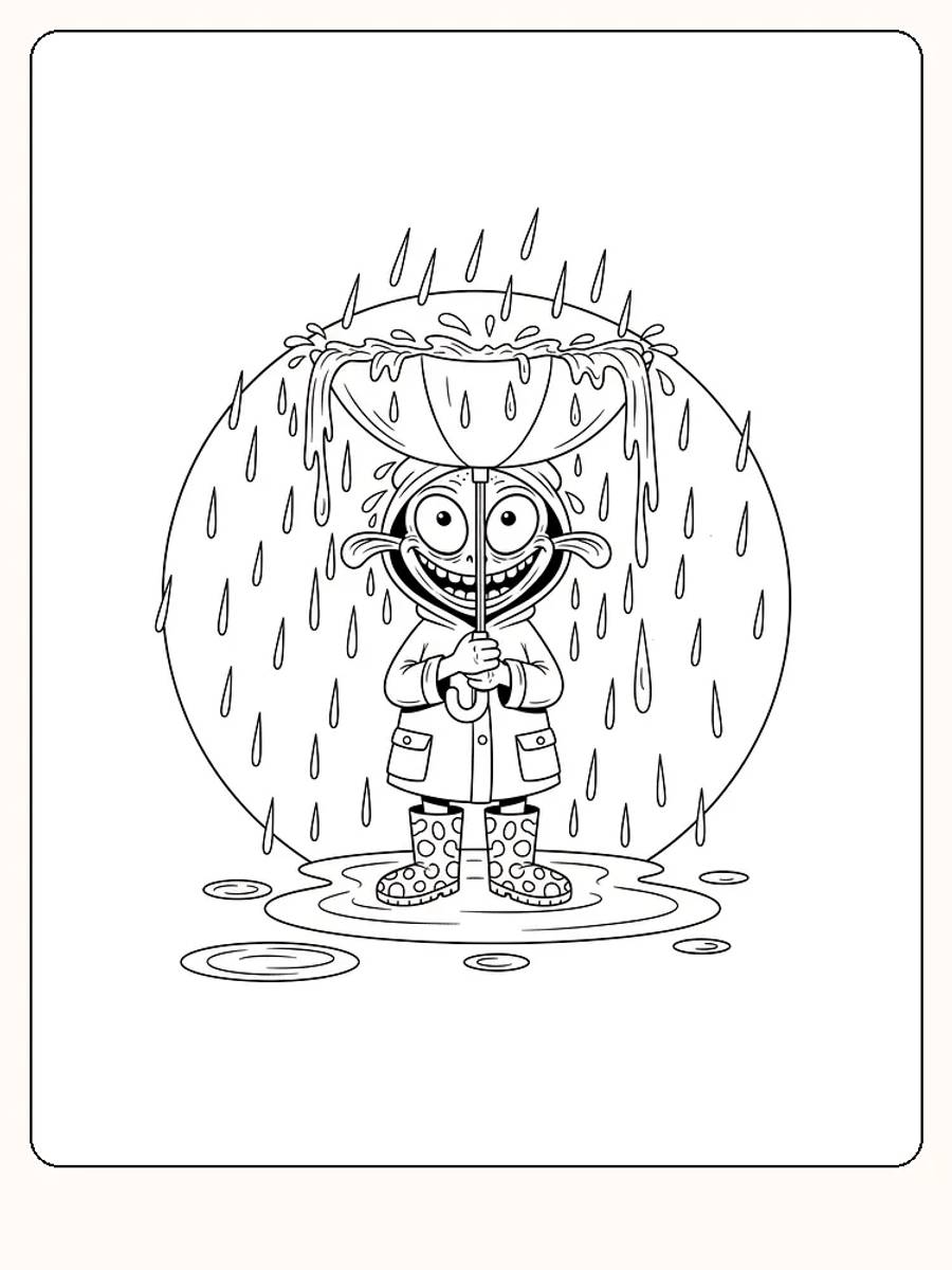 Tegning til farvelægning af et smilende monster med paraply i regnvejr, klar til print