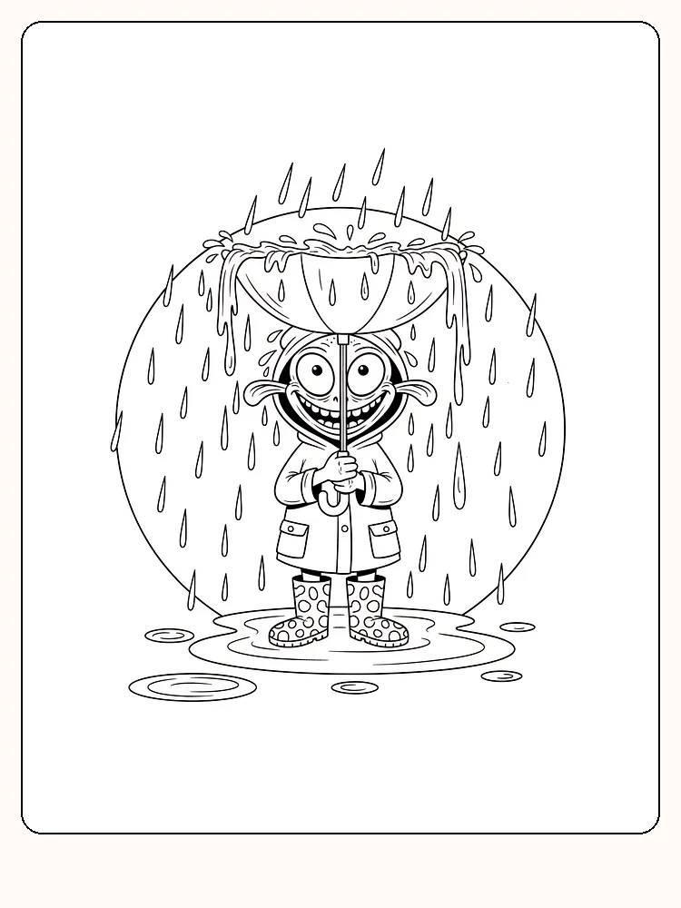 Tegning til farvelægning af et smilende monster med paraply i regnvejr, klar til print