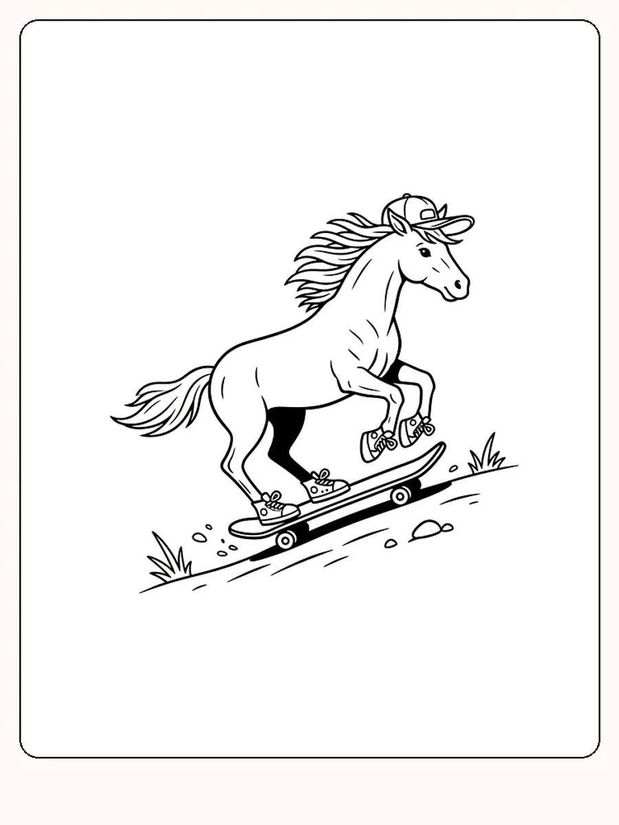 Fargeleggingstegning av en hest på skateboard med caps og joggesko, klar for utskrift