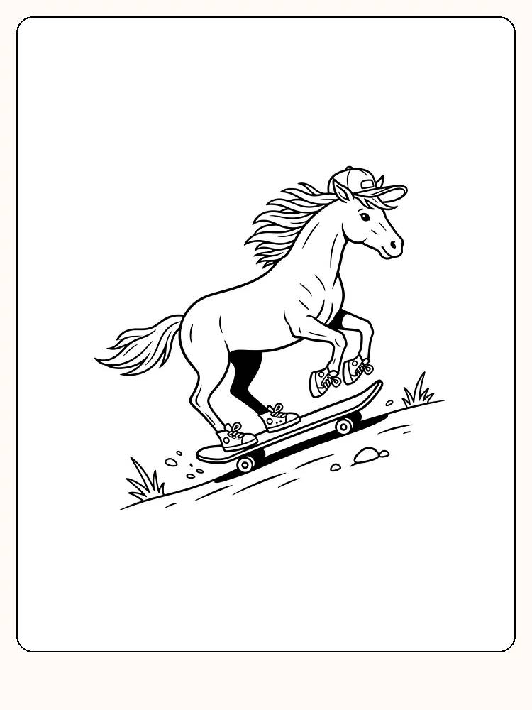 Fargeleggingstegning av en hest på skateboard med caps og joggesko, klar for utskrift