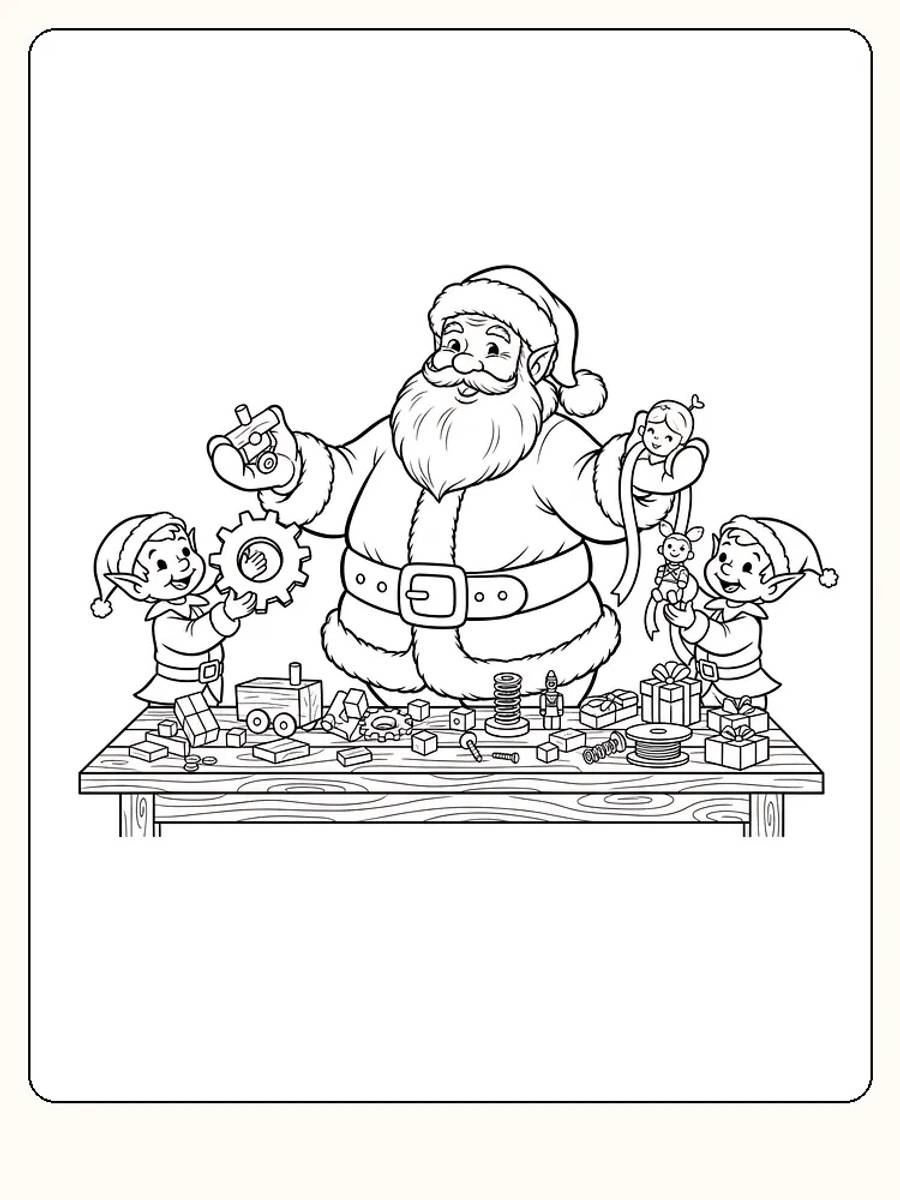 Tegning til farvelægning af julemanden med nisser, der arbejder i værkstedet, klar til print