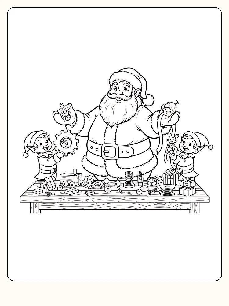 Tegning til farvelægning af julemanden med nisser, der arbejder i værkstedet, klar til print