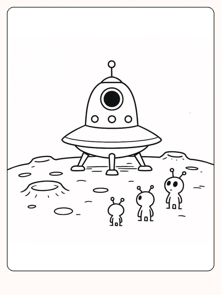 Målarbild av ett rymdskepp som har landat med tre små rymdvarelser, perfekt för kreativt skapande.