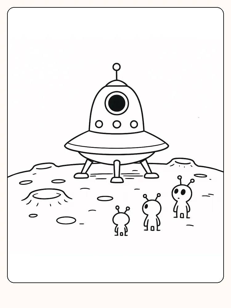 Målarbild av ett rymdskepp som har landat med tre små rymdvarelser, perfekt för kreativt skapande.