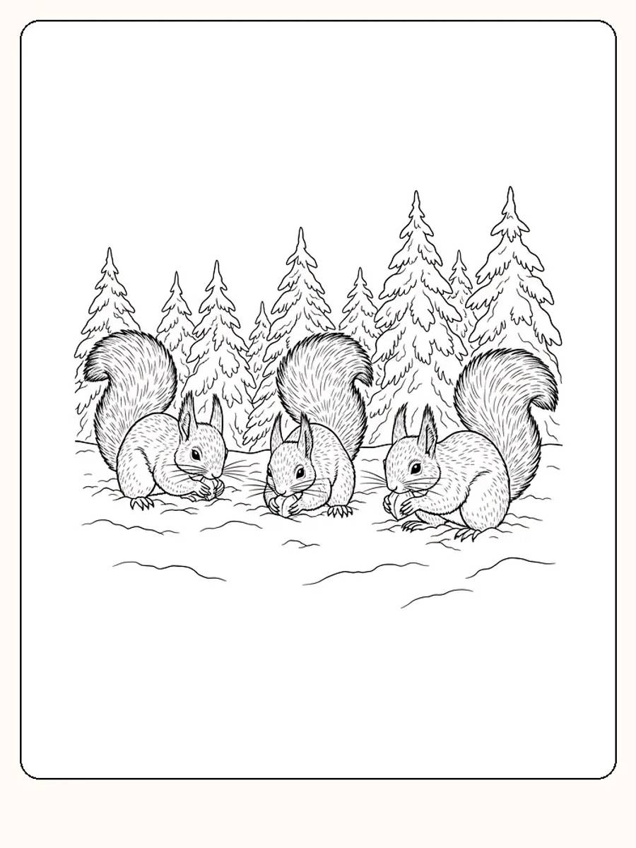 Tegning av tre ekorn i snødekket skog, klare for fargelegging