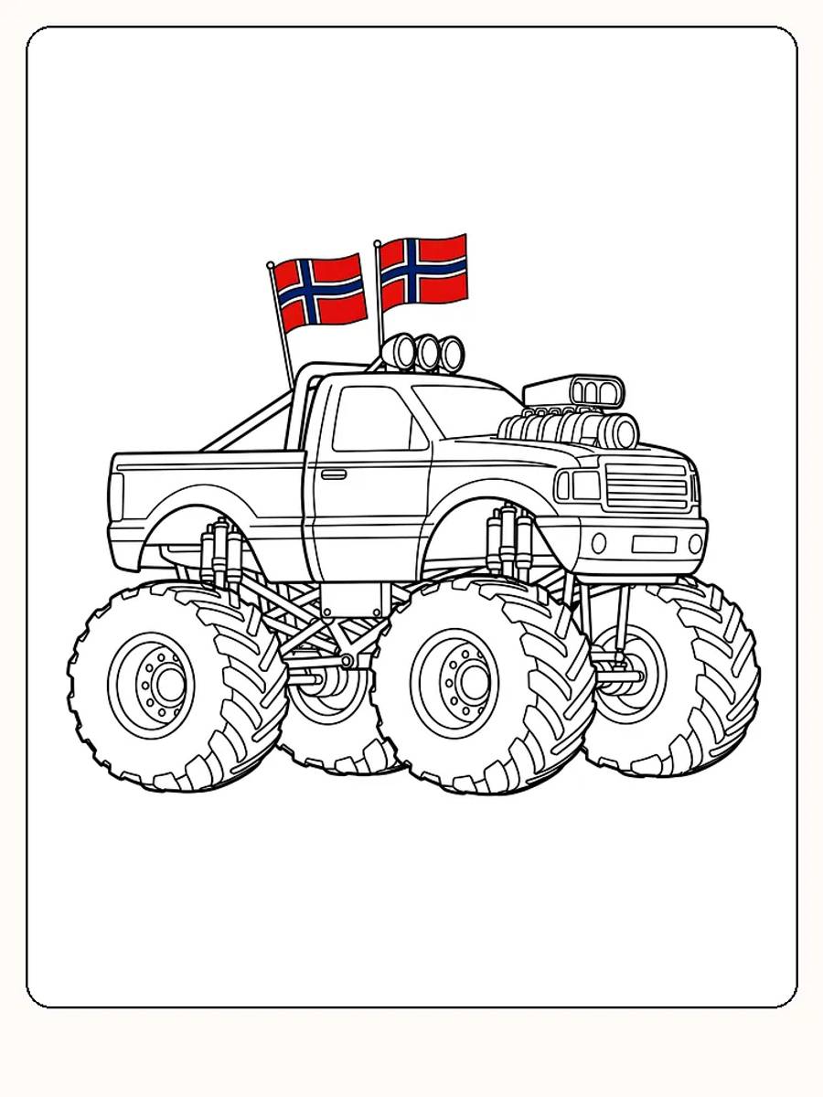 Fargeleggingsside av en monstertruck med norske flagg