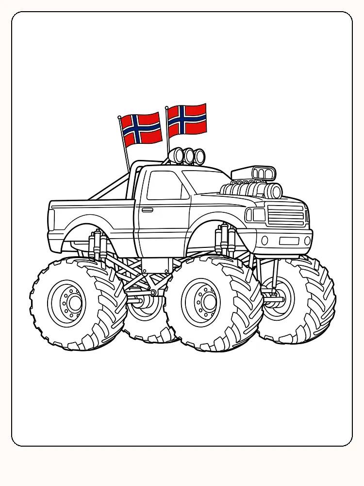 Fargeleggingsside av en monstertruck med norske flagg