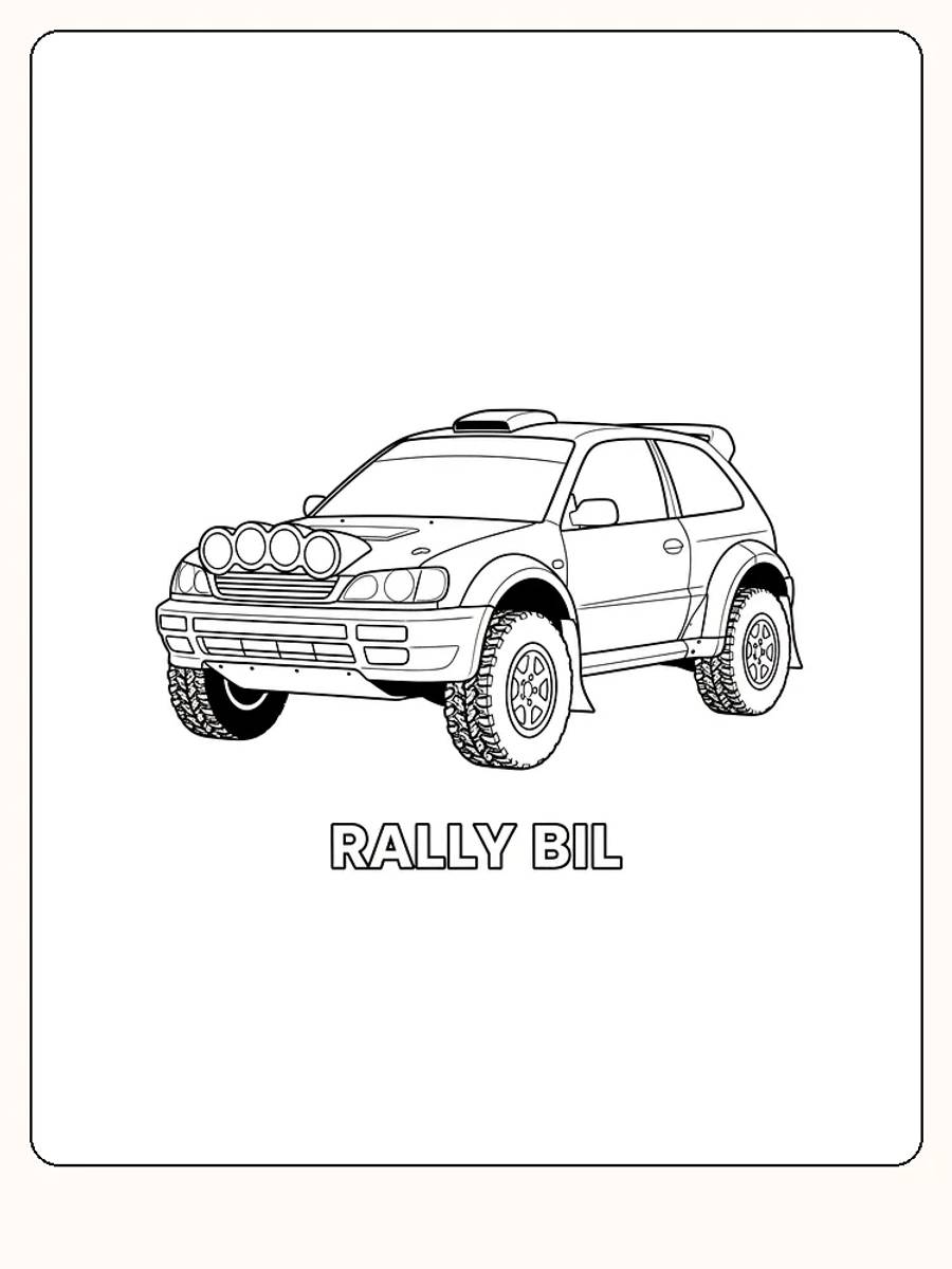 Tegning til farvelægning af en robust rallybil med store lygter på motorhjelmen, klar til spændende farvelægning