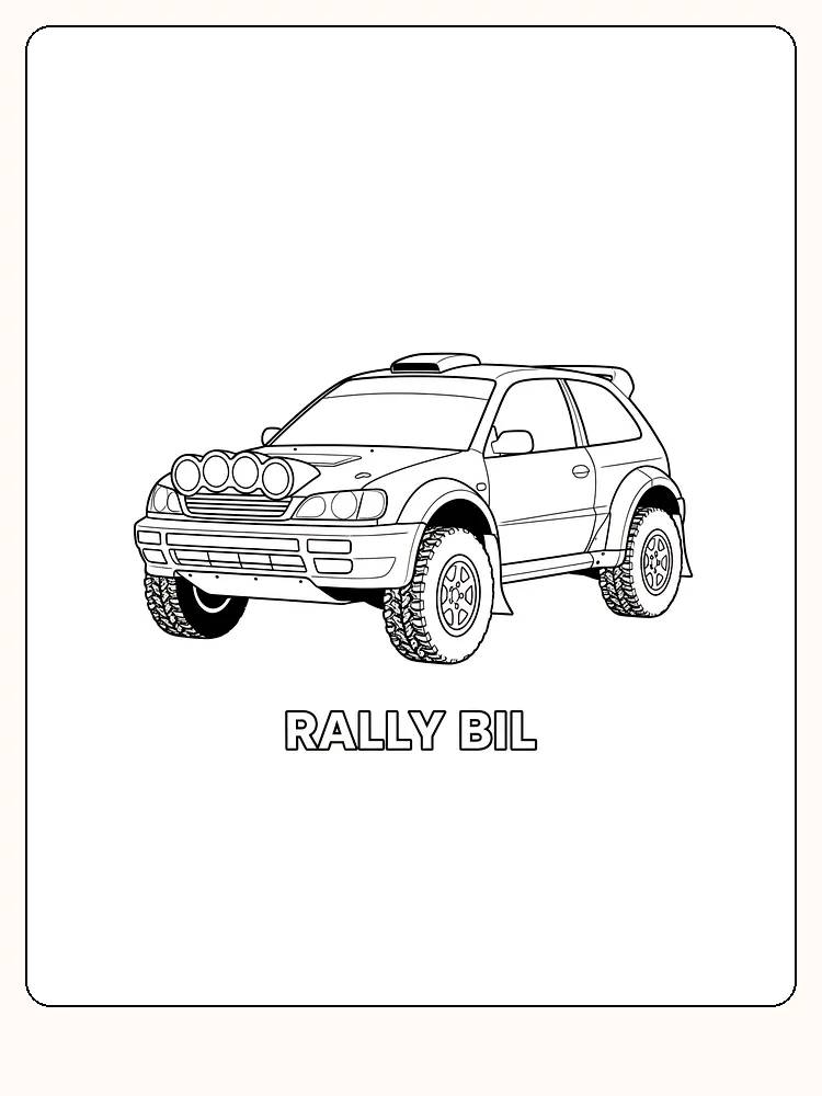 Tegning til farvelægning af en robust rallybil med store lygter på motorhjelmen, klar til spændende farvelægning