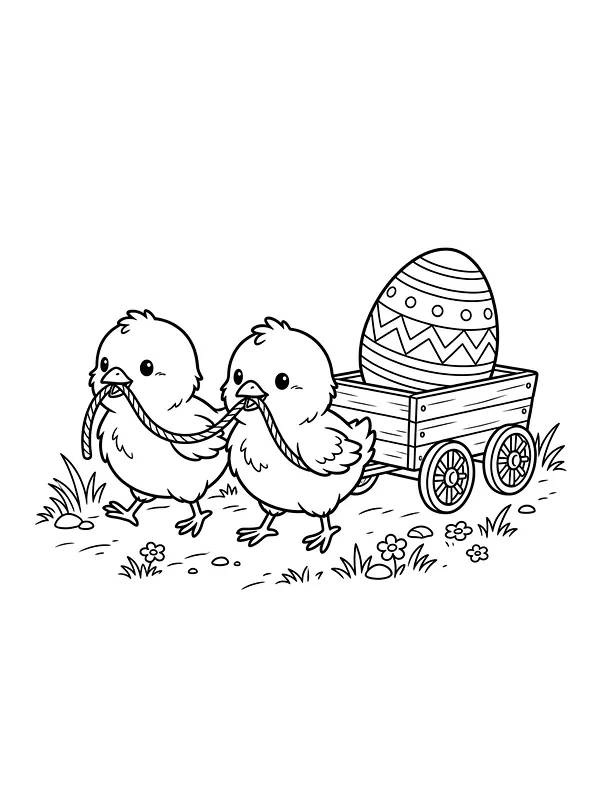 Poussins qui tirent un œuf de Pâques sur une charrette
