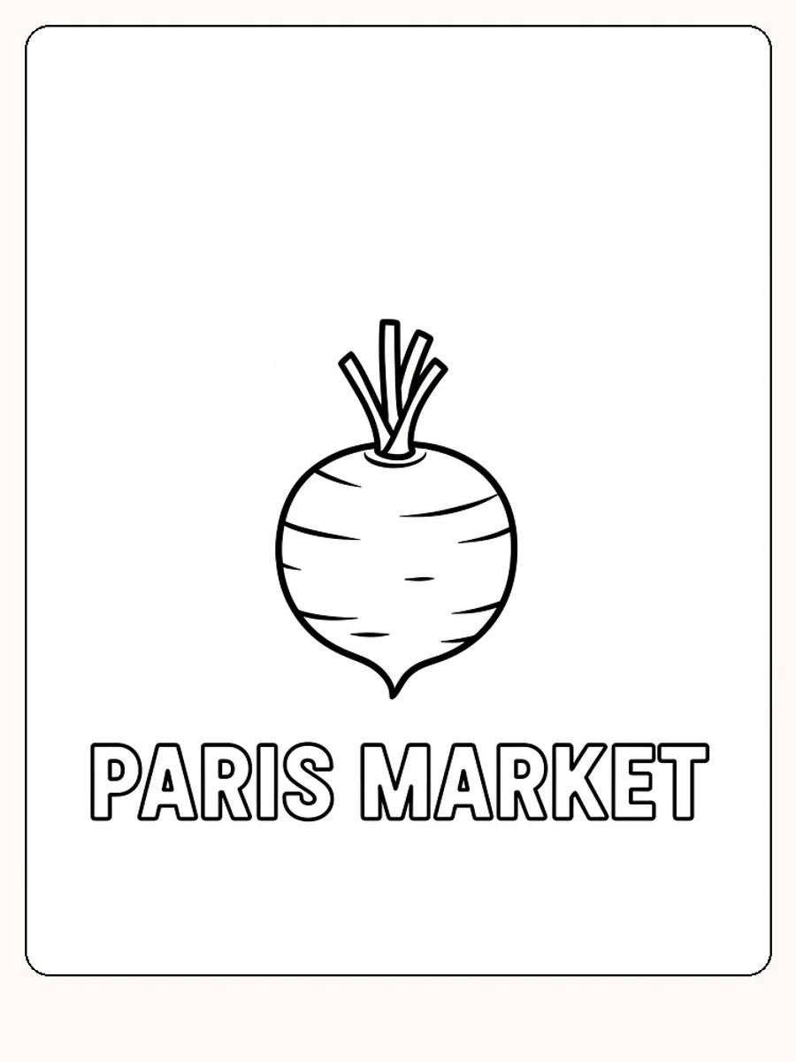 Tegning til farvelægning af en rodfrugt med teksten Paris Market under, klar til print