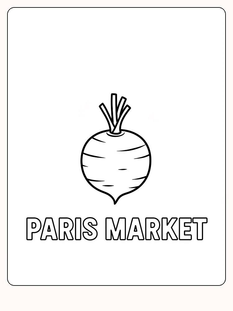 Tegning til farvelægning af en rodfrugt med teksten Paris Market under, klar til print