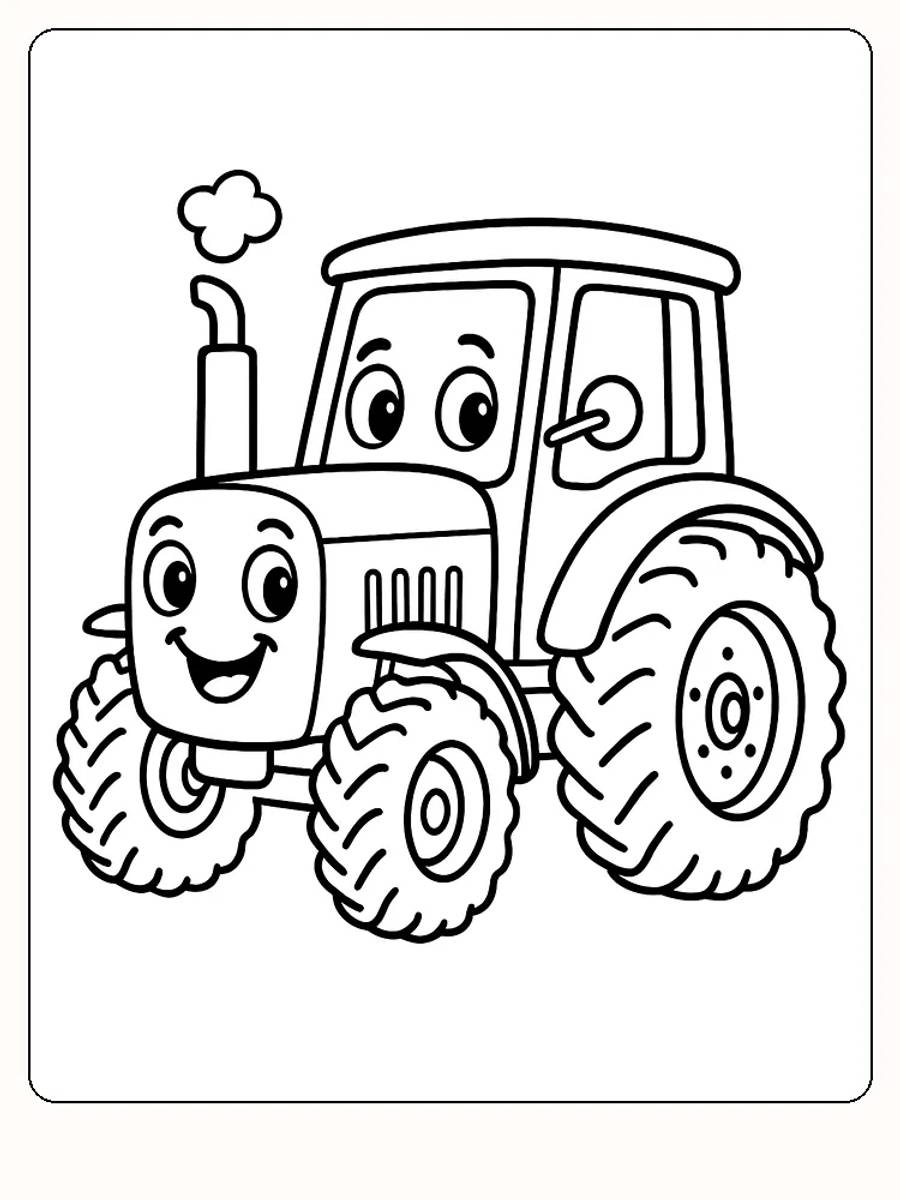 Fargeleggingstegning av en smilende traktor med store dekk, klar for utskrift