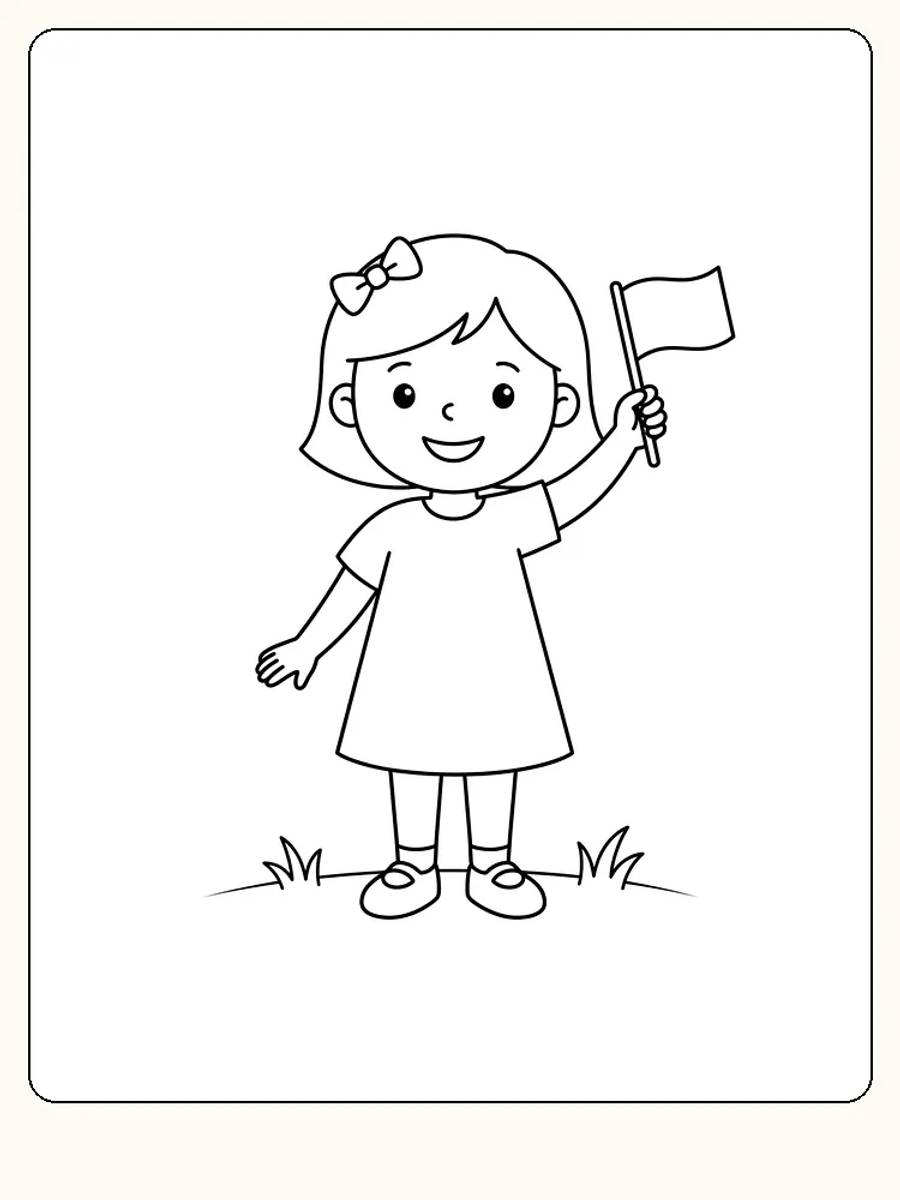 Fête nationale : petite fille souriante avec un nœud dans les cheveux, debout sur une butte couverte d'herbe, qui tient un petit drapeau bien haut au-dessus de l'épaule
