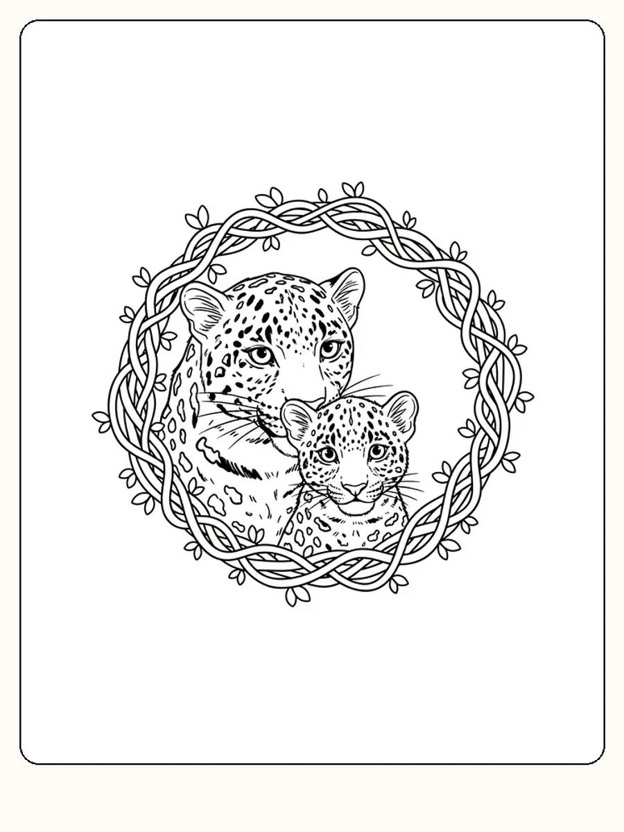 Fargeleggingstegning av leopard og unge, omgitt av dekorativ ramme, klar for utskrift