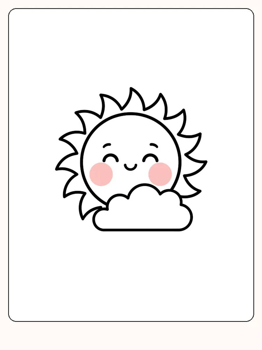 Fargeleggingstegning av smilende sol bak en sky, klar for utskrift