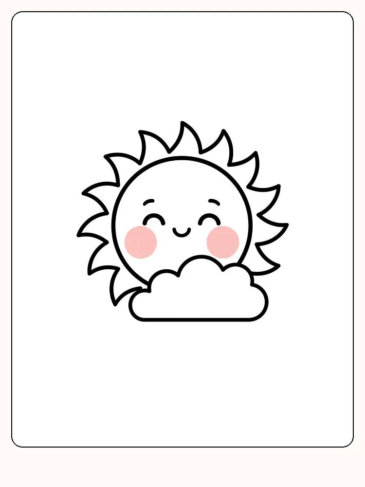 Fargeleggingstegning av smilende sol bak en sky, klar for utskrift