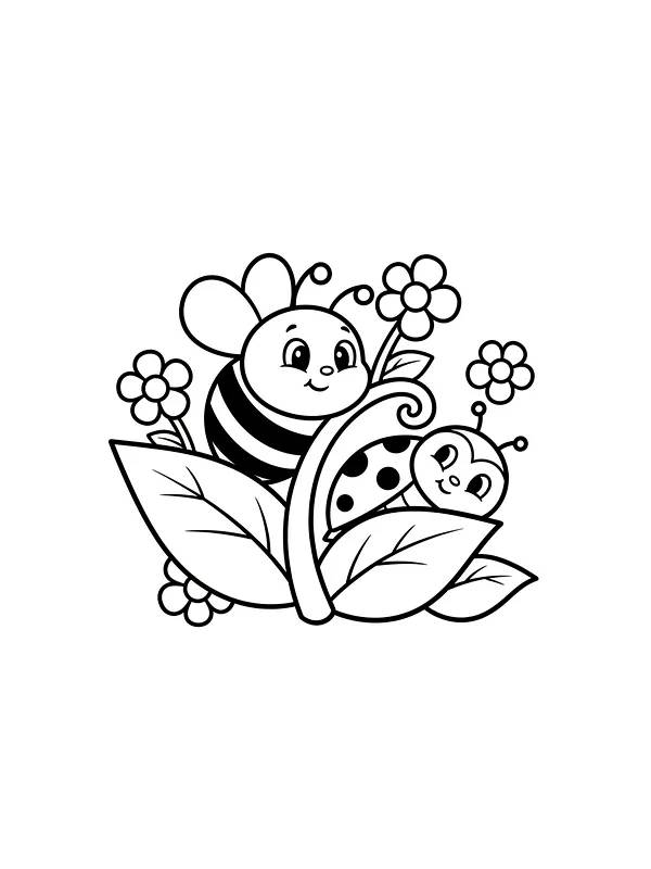 Bie og marihøne blant blomster