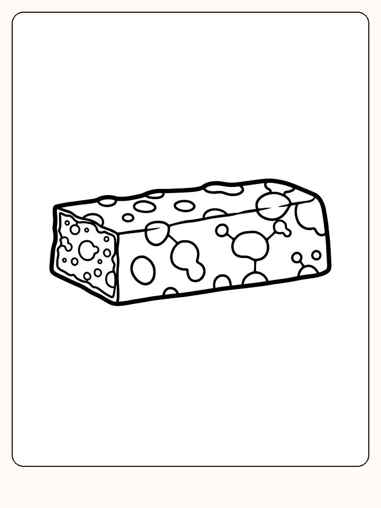 Fargeleggingsbilde av en blokk med ost fulle av hull, klar for utskrift