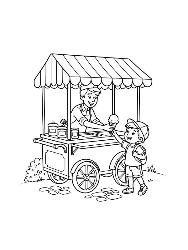Garçon qui achète une glace à un chariot de glacier