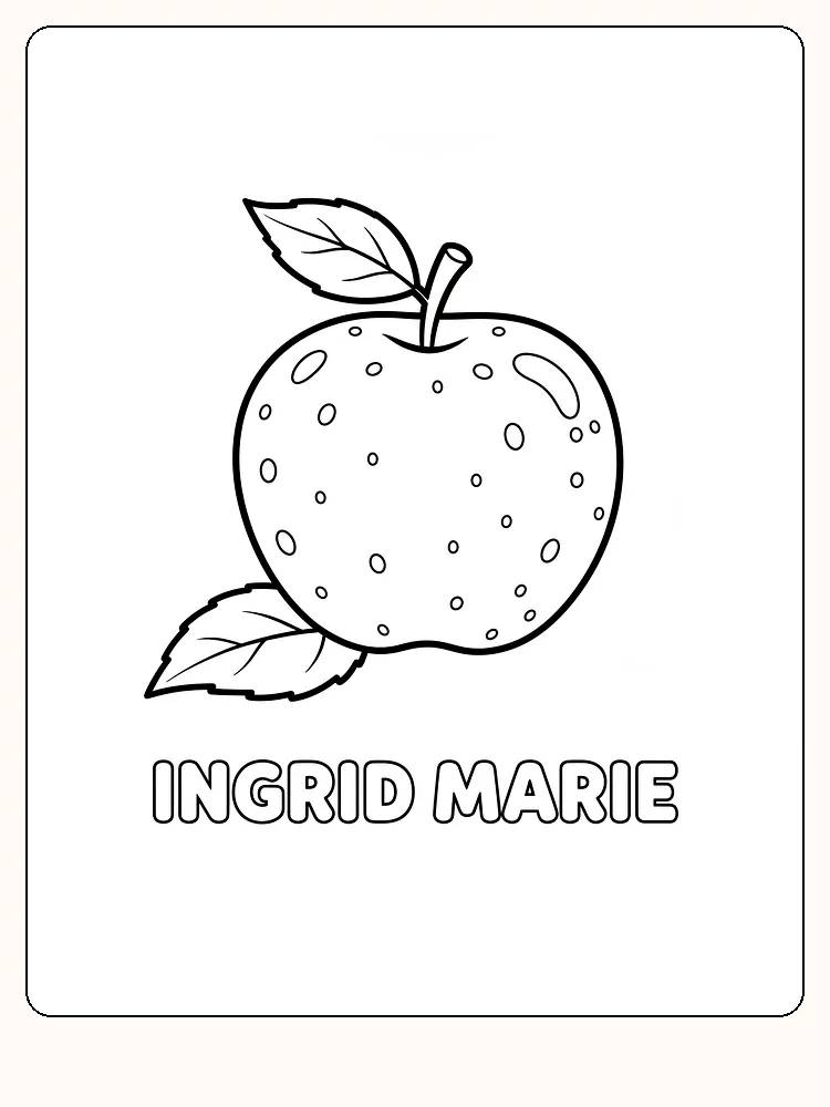 Tegning til farvelægning af et Ingrid Marie-æble med to blade